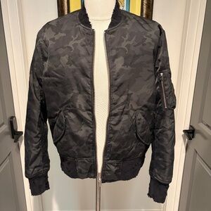 IRO Mens Distressed Bomber Jacket Black Camo Size Medium - Brand New